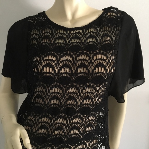 Bcbgmaxazria Black flutter short sleeve crochet top. size small - Picture 2 of 7